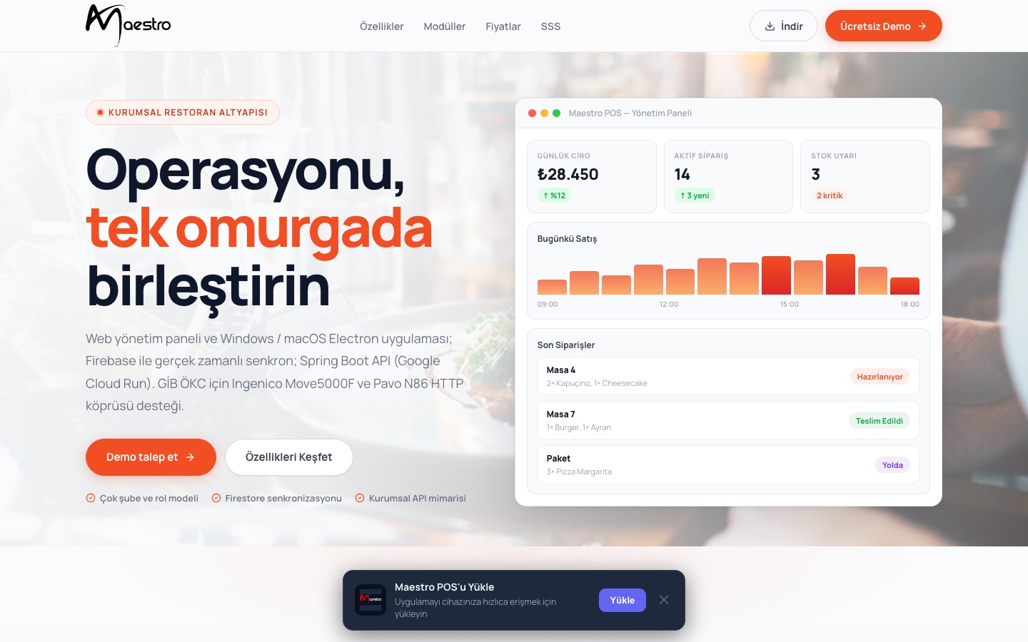 Maestro POS uygulamasının önizlemesi